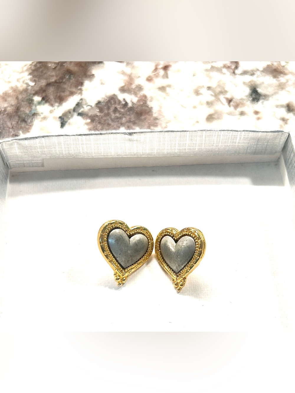 Vintage 1980s “JJ” Pewter & Gold Chunky Heart Stud Earrings • Jonette Jewelry